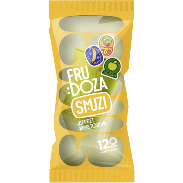 «FRUDOZA SMUZI» whipped frozen dessert. Mango-banana-apple fruit sherbet «FRUDOZA SMUZI» whipped frozen dessert. Mango-banana-apple fruit sherbet